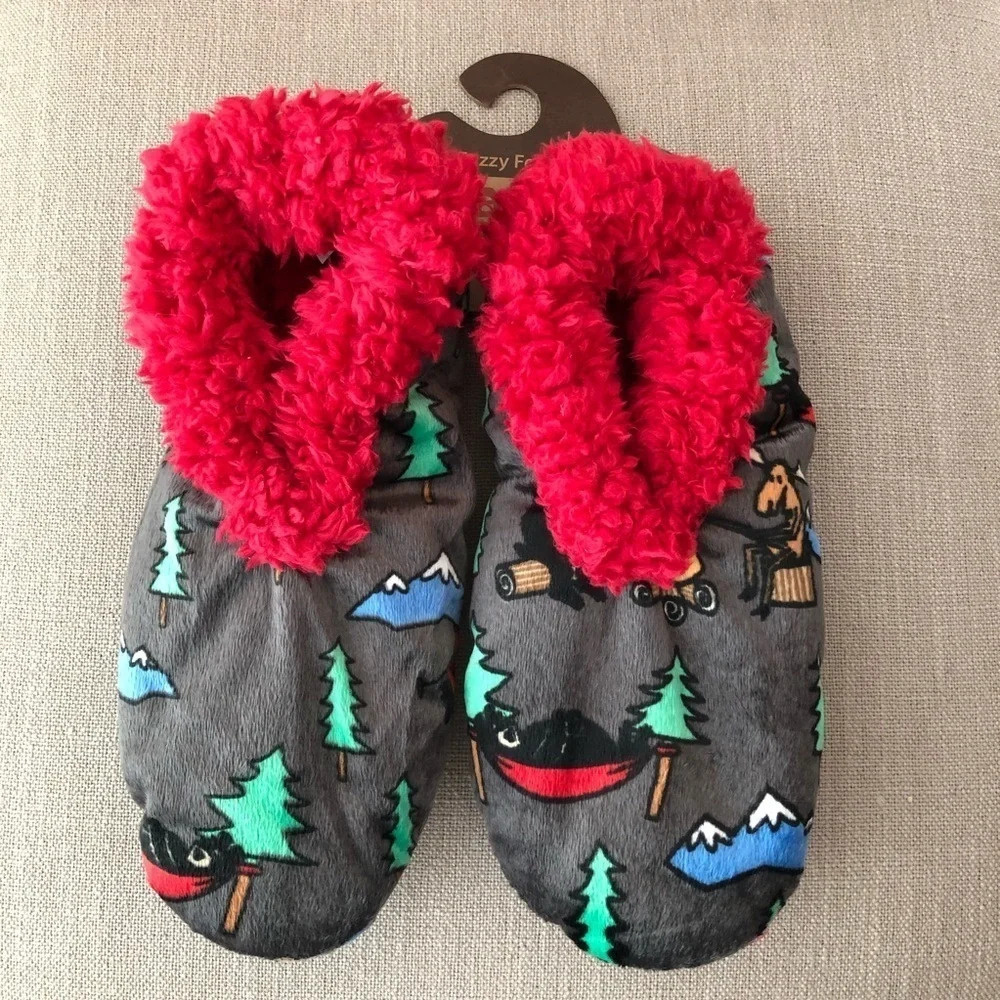 NWT Lazy One Large XL‎ 7-9 Fuzzy Feet Happy Camper Slippers Camping Bear Moose